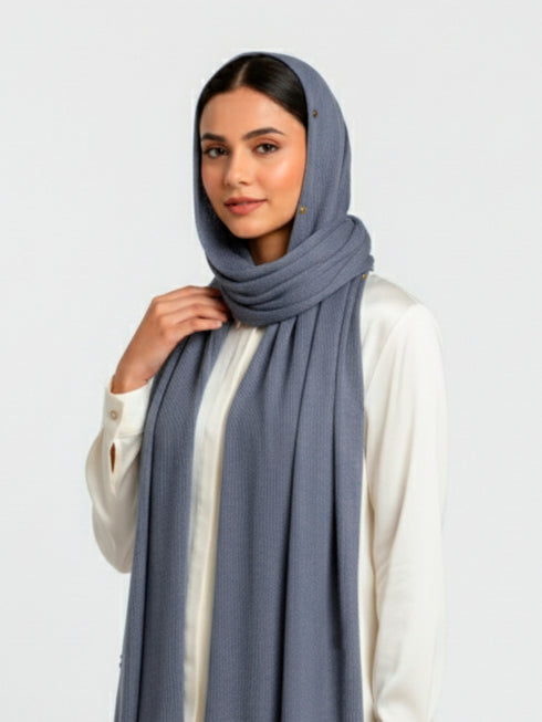 Cotton Viscose Button-Embellished Hijab - Denim Blue