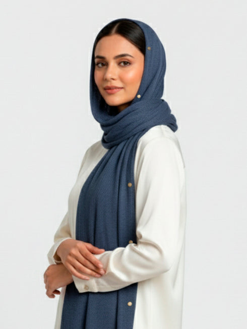Cotton Viscose Button-Embellished Hijab - Sapphire Blue