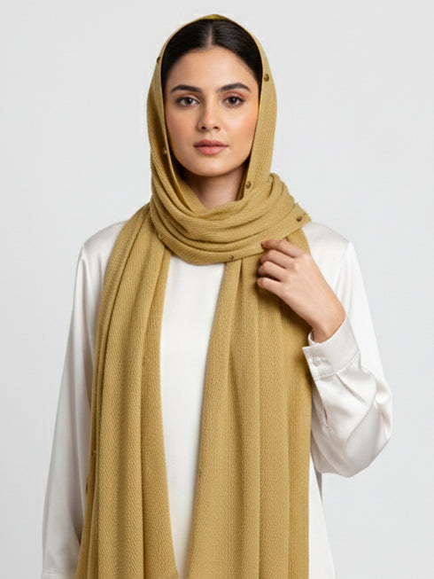 Cotton Viscose Button-Embellished Hijab - Beige