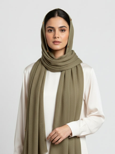 Cotton Viscose Button-Embellished Hijab - Light Olive