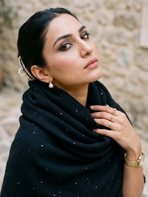 Sequins Blended Pashmina Shawl - Black