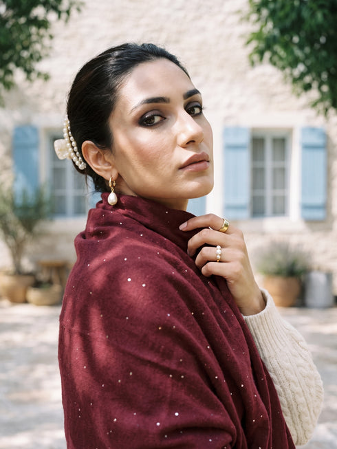 Sequins Blended Pashmina Shawl - Maroon