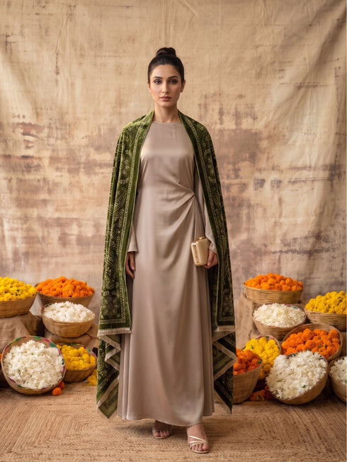 Silky Velvet Woolen Stole - Military Green
