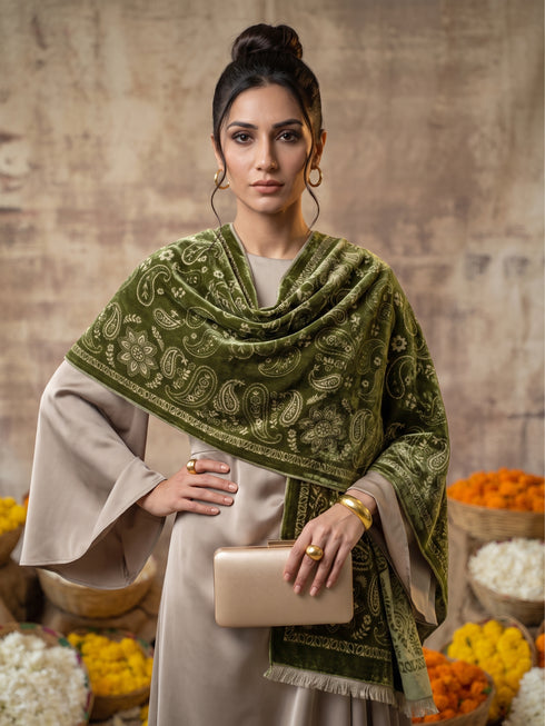 Silky Velvet Woolen Stole - Military Green