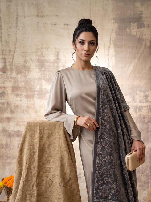 Silky Velvet Woolen Stole - Dark Grey