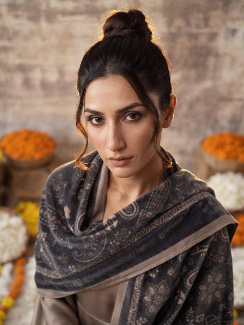 Silky Velvet Woolen Stole - Dark Grey