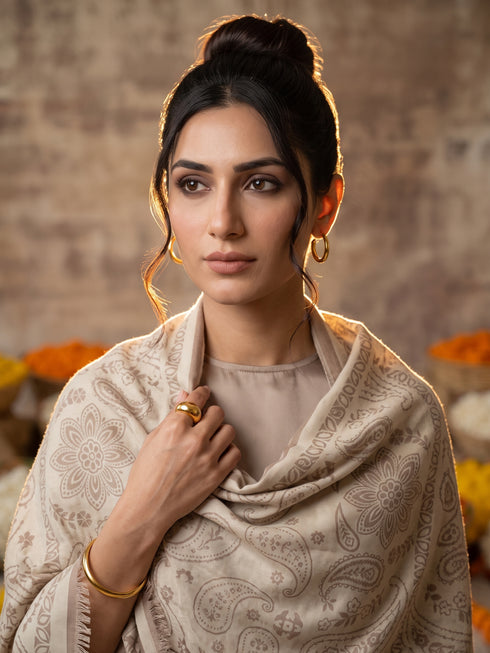 Silky Velvet Woolen Stole - Ivory