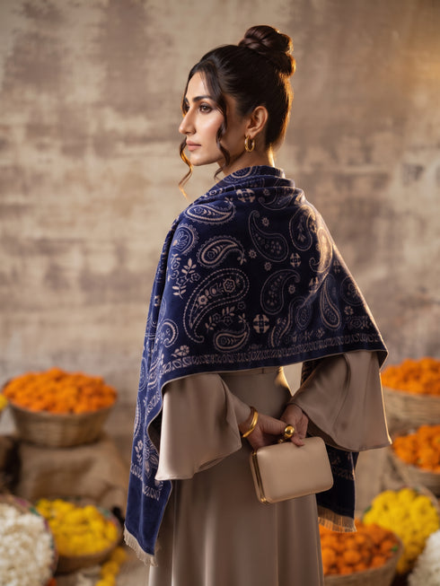 Silky Velvet Woolen Stole - Navy Blue