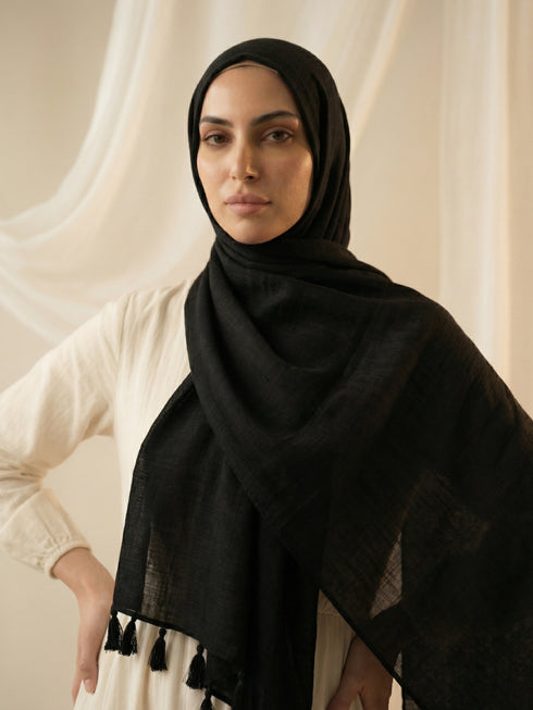 Texture Lawn Tassel Hijabs - Black