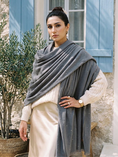 Sequins Blended Pashmina Shawl - Charcoal Grey