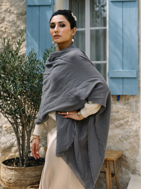 Sequins Blended Pashmina Shawl - Charcoal Grey