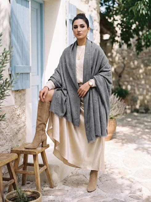 Sequins Blended Pashmina Shawl - Charcoal Grey