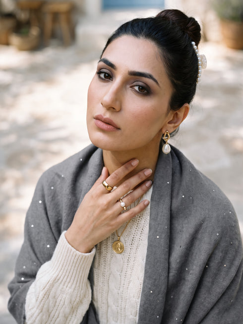 Sequins Blended Pashmina Shawl - Charcoal Grey