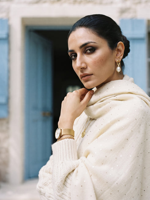 Sequins Blended Pashmina Shawl - Cream