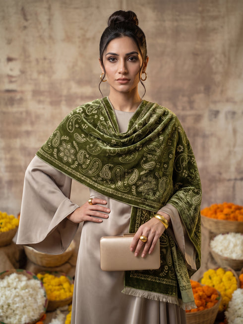 Silky Velvet Woolen Stole - Military Green