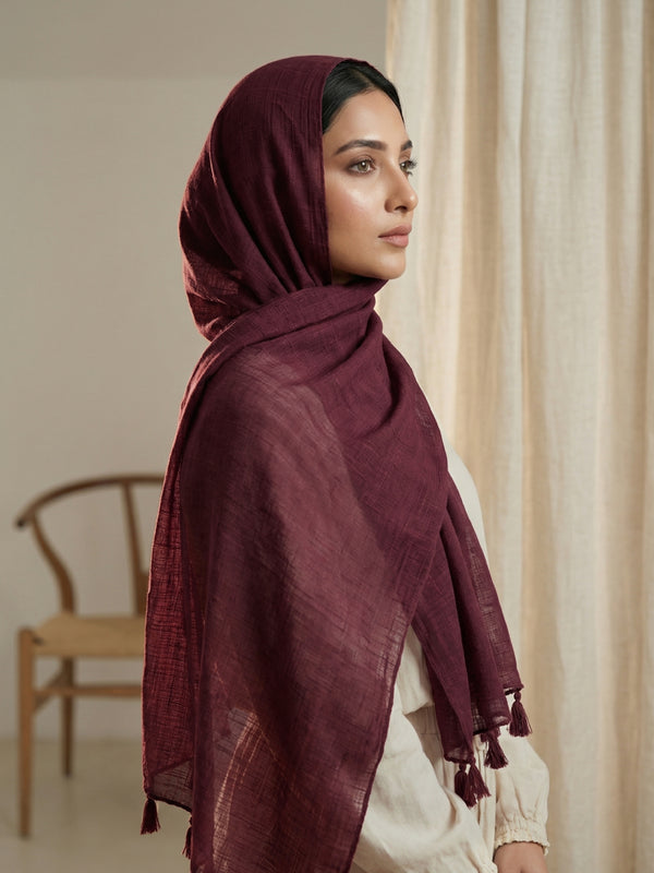 Texture Lawn Tassel Hijabs - Maroon
