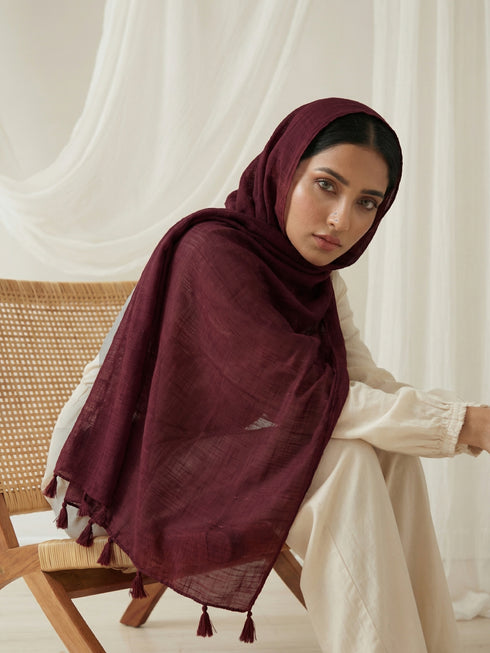 Texture Lawn Tassel Hijabs - Maroon
