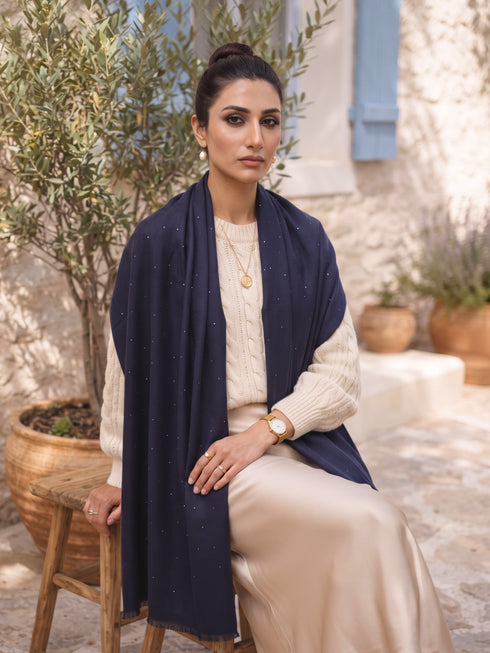 Sequins Blended Pashmina Shawl - Navy