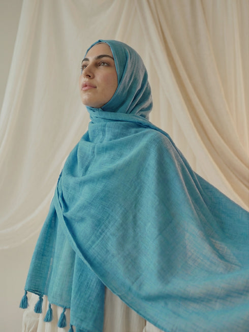 Texture Lawn Tassel Hijabs - Ocean Blue