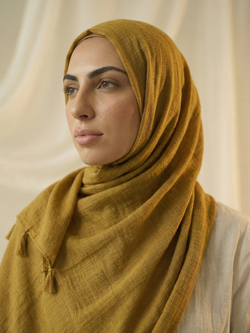 Texture Lawn Tassel Hijabs - Olive Yellow