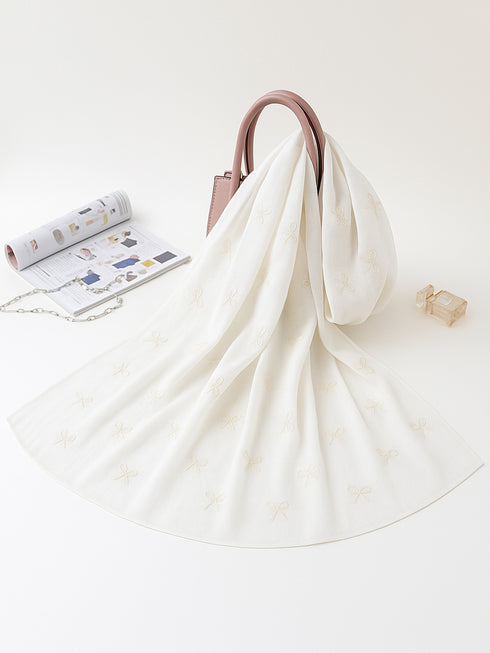 Cotton Lawn Hijab with Embroidered Bows - White
