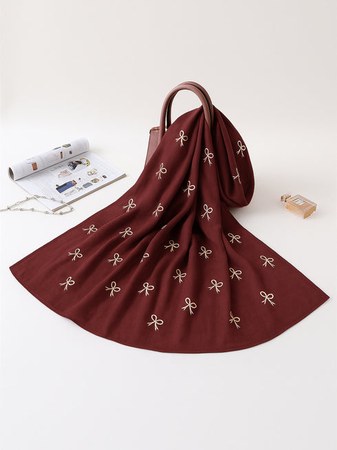 Cotton Lawn Hijab with Embroidered Bows - Maroon