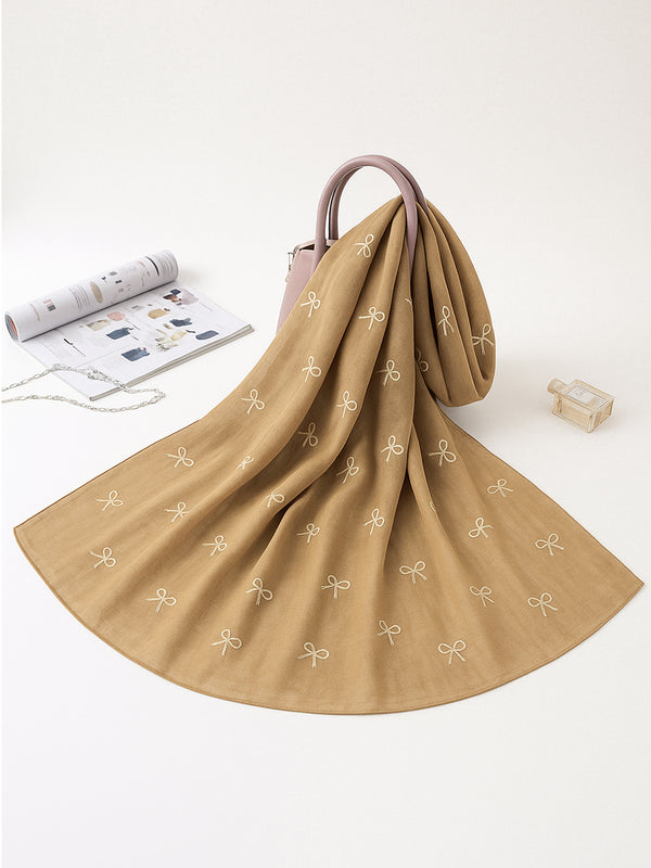 Cotton Lawn Hijab with Embroidered Bows - Khaaki