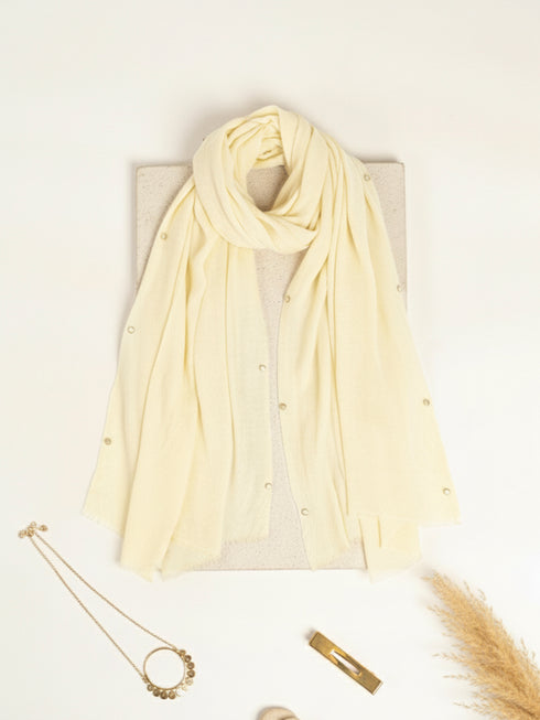 Cotton Viscose Button-Embellished Hijab - Cream