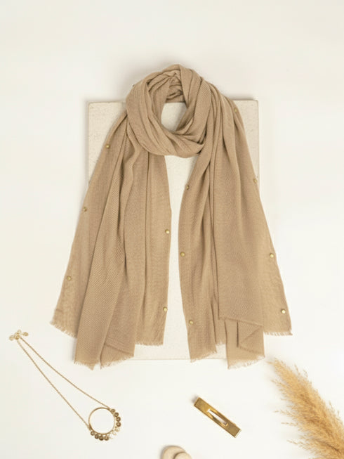 Cotton Viscose Button-Embellished Hijab - Tan Brown