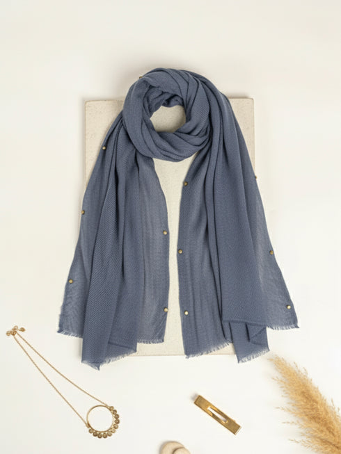 Cotton Viscose Button-Embellished Hijab - Denim Blue