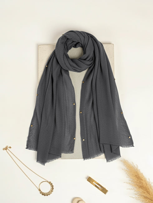 Cotton Viscose Button-Embellished Hijab - Charcoal Grey