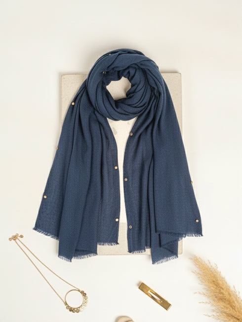 Cotton Viscose Button-Embellished Hijab - Sapphire Blue