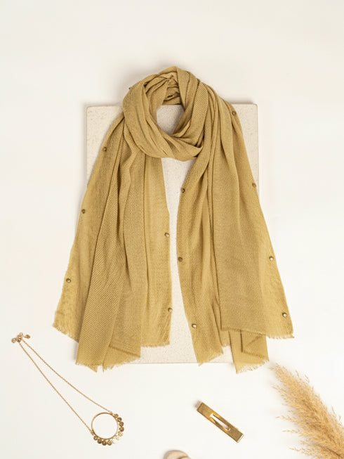 Cotton Viscose Button-Embellished Hijab - Beige