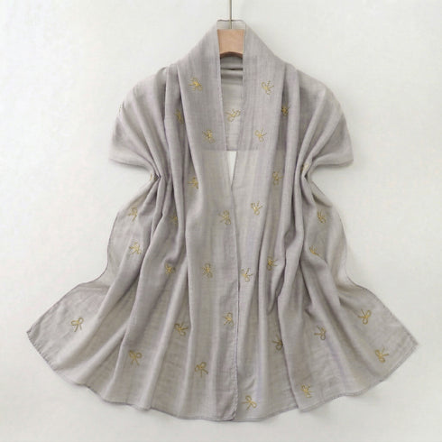 Cotton Lawn Hijab with Embroidered Bows - Ash Grey