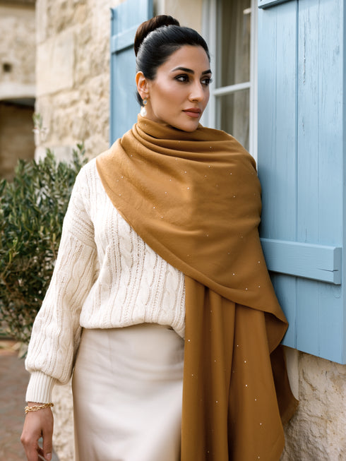Sequins Blended Pashmina Shawl - Tan Brown