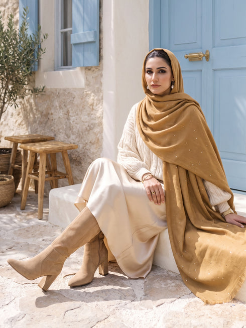 Sequins Blended Pashmina Shawl - Tan Brown