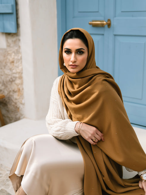 Sequins Blended Pashmina Shawl - Tan Brown