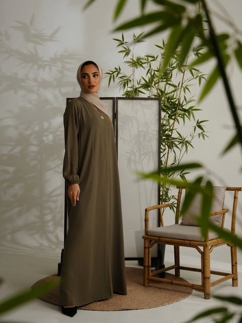 Relaxed Zip Maxi Abaya - Olive Green