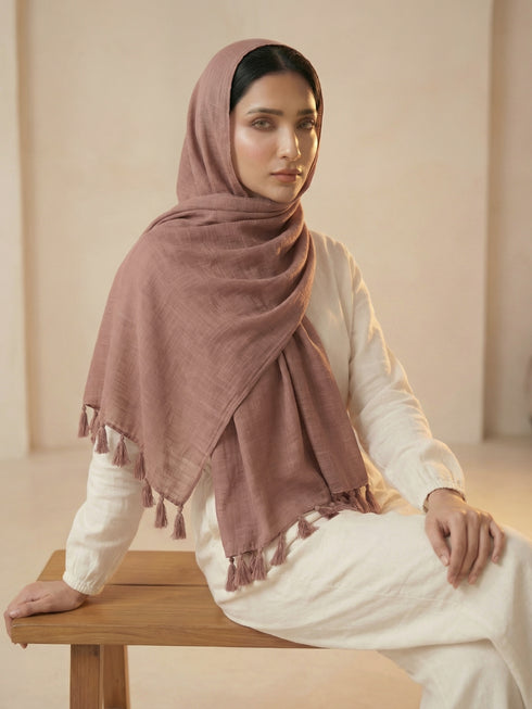 Texture Lawn Tassel Hijabs - Taupe