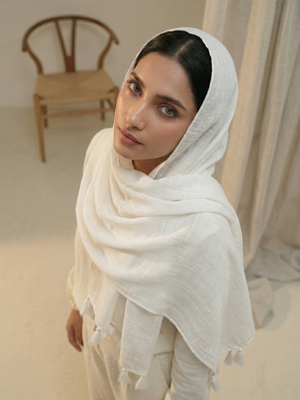 Texture Lawn Tassel Hijabs - White