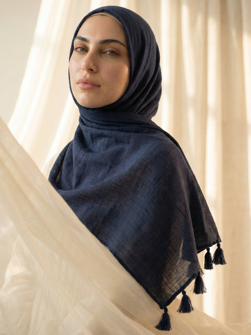 Texture Lawn Tassel Hijabs - Navy Blue