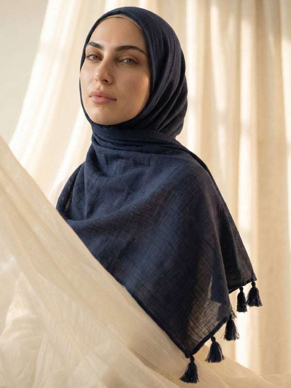 Texture Lawn Tassel Hijabs - Navy Blue
