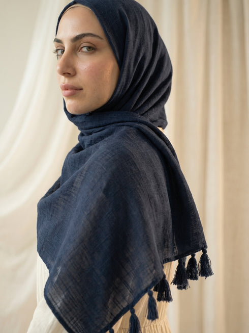 Texture Lawn Tassel Hijabs - Navy Blue