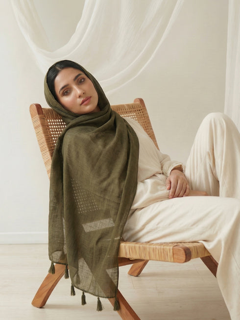 Texture Lawn Tassel Hijabs - Olive Green