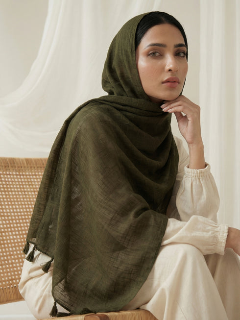 Texture Lawn Tassel Hijabs - Olive Green