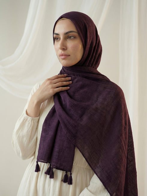 Texture Lawn Tassel Hijabs - Dark Purple